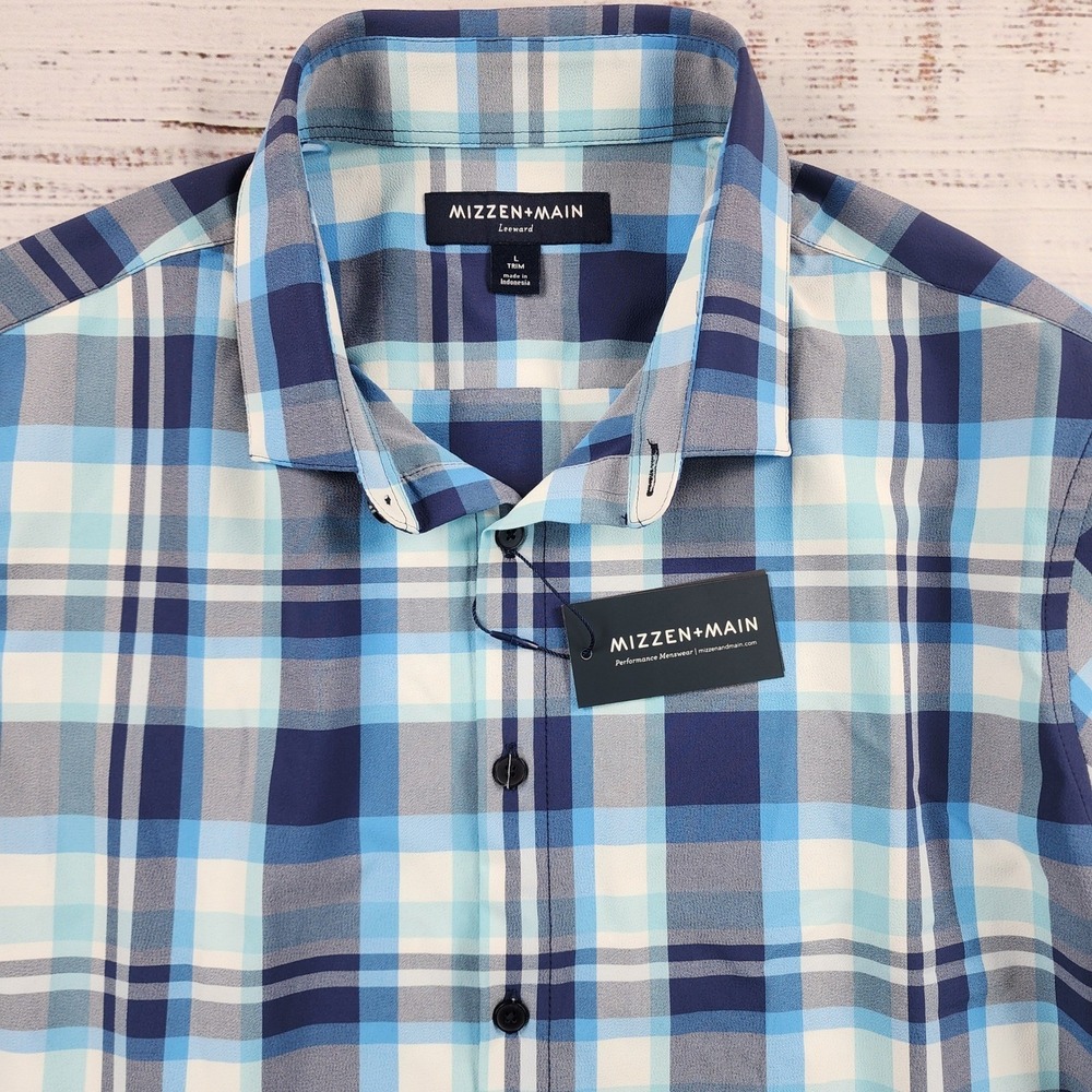 Mizzen+Main Leeward Dress Shirt Mens Large Trim Blue Plaid Performance
